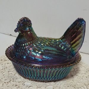 Vintage Iridescent Blue Hen on Nest Dish Chip On The Tail